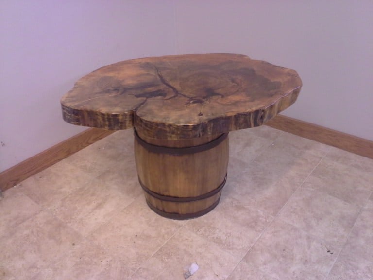 Highly Figured Maple Coffee Table with Reclaimed Barrel Base