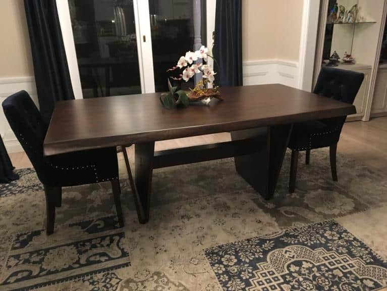 Live Edge Walnut Table with Vancouver Base stained with Sherwin Williams #3212 Dark Oak Stain and 3 coats of Conversion Varnish – Thanks Joanne!