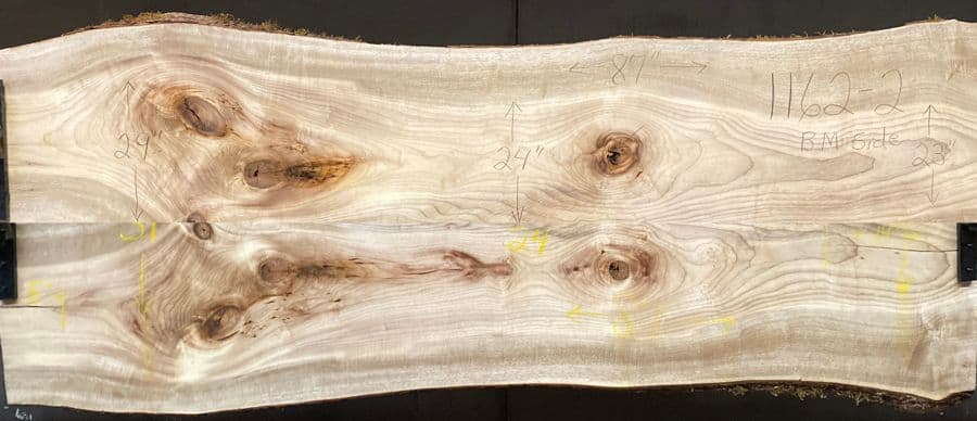 myrtlewood slabs 1162-1&2 bookmatch simulation, approx. size 1.875″ x 36″ x 87″ Both Surfaced Slabs $1850