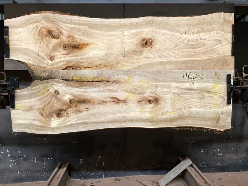 myrtlewood slabs 1162-1&2 bookmatch simulation, approx. size 1.875″ x 48″ x 87″ Both Surfaced Slabs $1850