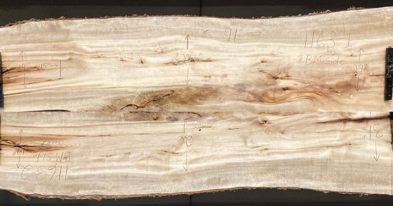 myrtlewood slabs 1162-1&2 bookmatch simulation, approx. size 1.75″ x 37″ x 91″ Both Surfaced Slabs $1850