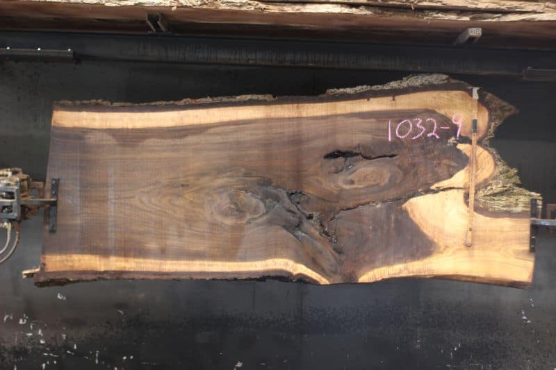 walnut slab 1032-9 rough size 2.5″ x 14-41″ avg. 38″ x 9′ $1600