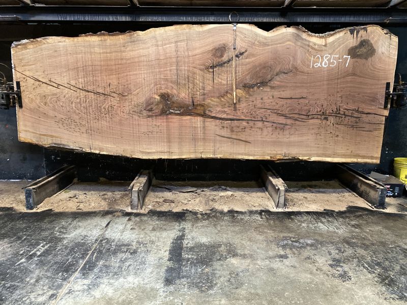 white oak slab 1285-7 rough size 2.5″ x 47-63″ avg. 59″ x 14′ $2600 *Reinspection available 