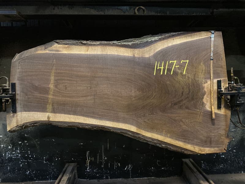 walnut slab 1417-7 rough size 2.5″ x 27-52″ avg. 39″ x 7′ $1450