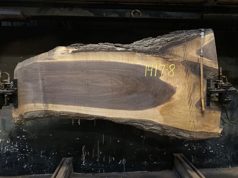 walnut slab 1417-8 rough size 2.5″ x 20-42″ avg. 30″ x 7′ $1000