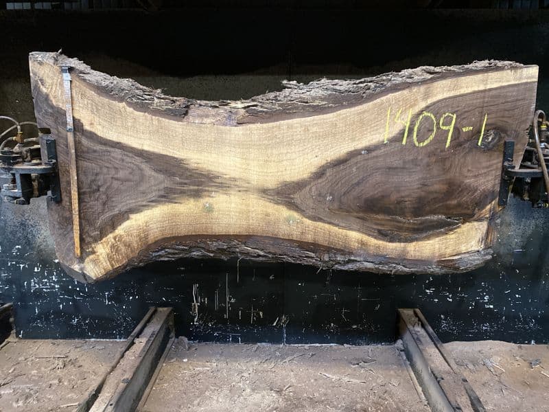 walnut slab 1409-1 rough size 2.5″ x 21-41″ avg. 30″ x 7′ $800