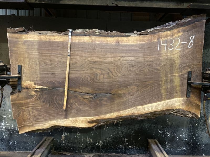 walnut slab 1432-8 rough size 2.5″ x 37-44″ avg. 40″ x 7′ $1250
