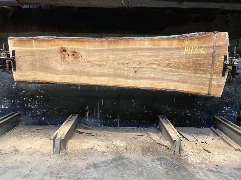 hickory slab 1413-6 rough size 2.5″ x 23-37″ avg. 27″ x 10′ $900