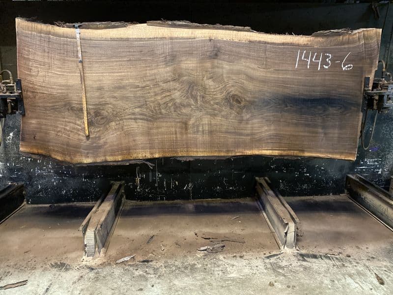 walnut slab 1443-6 rough size 2.5″ x 41-46″ avg. 43″ x 9′ $2650  *Sale pending # 24-7018 Reinspection available