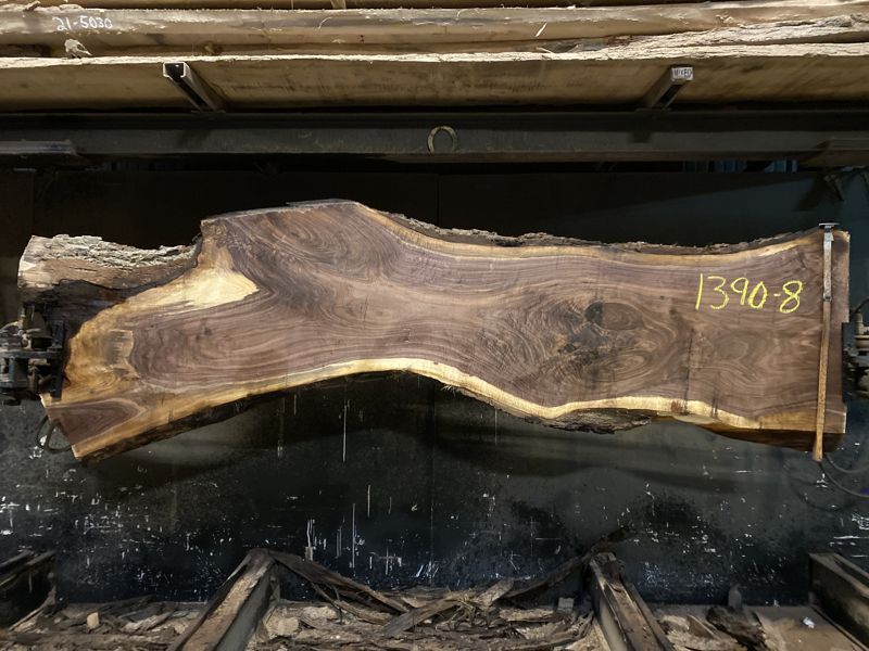 walnut slab 1390-8    rough size 2.5″ x 23-31″ avg. 26″ x 10′ $1075