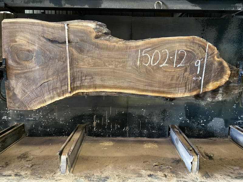 walnut slab 1502-12 rough size 2.5″ x 27-48″ avg. 35″ x 9′ $1275
